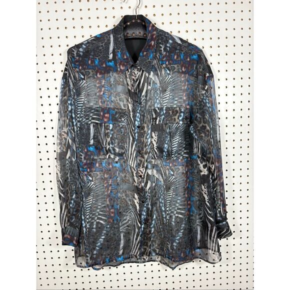 Diesel Woman’s sheer abstract multi pattern animal print metal snap button down - Picture 1 of 7